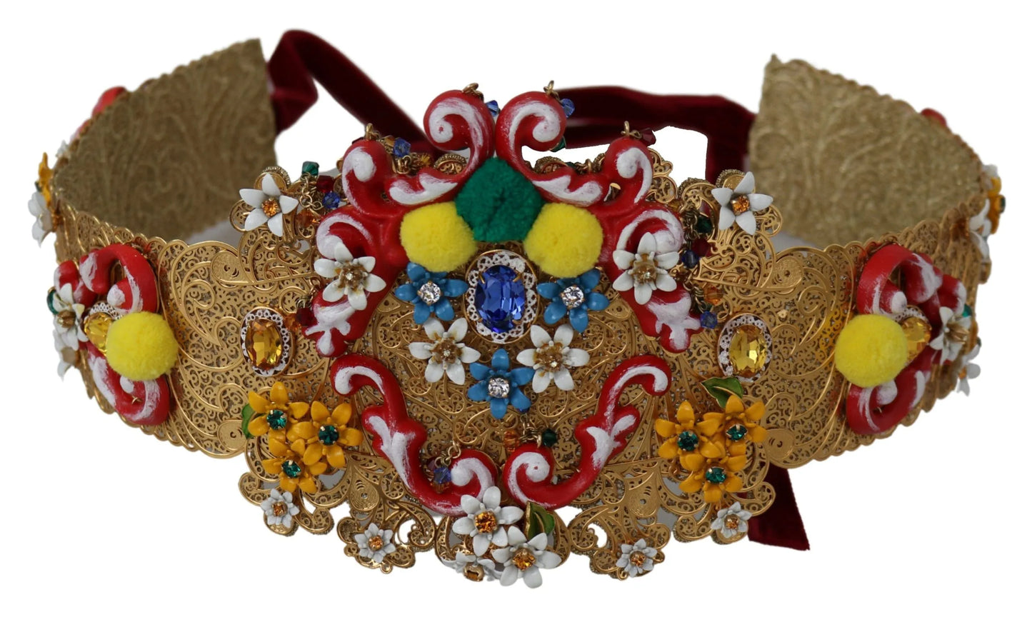 multicolor Embellished Floral Crystal Wide Waist Belt-Dolce & Gabbana-LabelTerrace.com