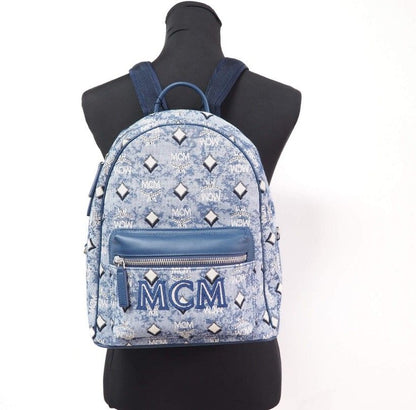 Stark Small Blue Vintage Jacquard Monogram Logo Fabric Backpack Bookbag-MCM-LabelTerrace.com