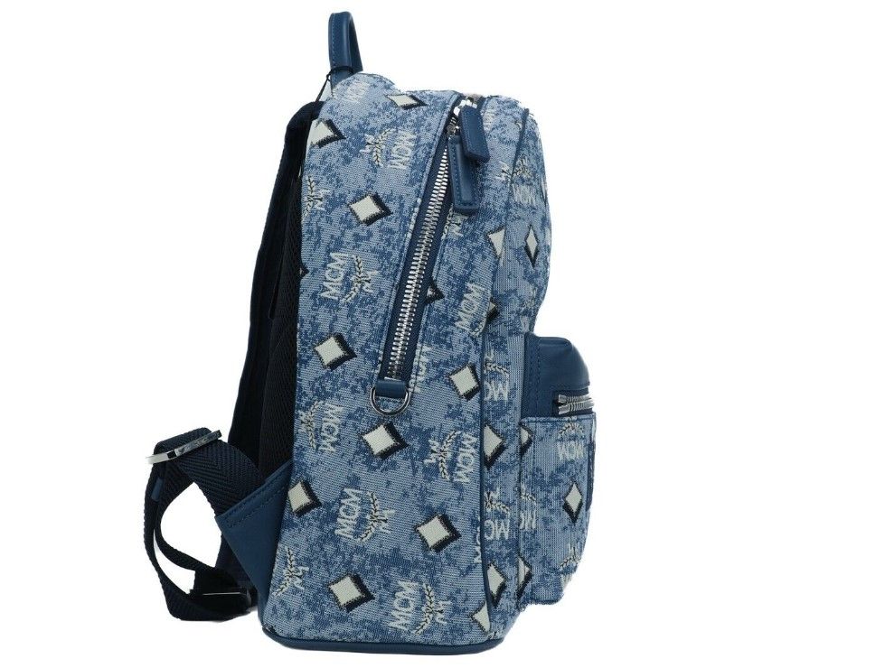 Stark Small Blue Vintage Jacquard Monogram Logo Fabric Backpack Bookbag-MCM-LabelTerrace.com