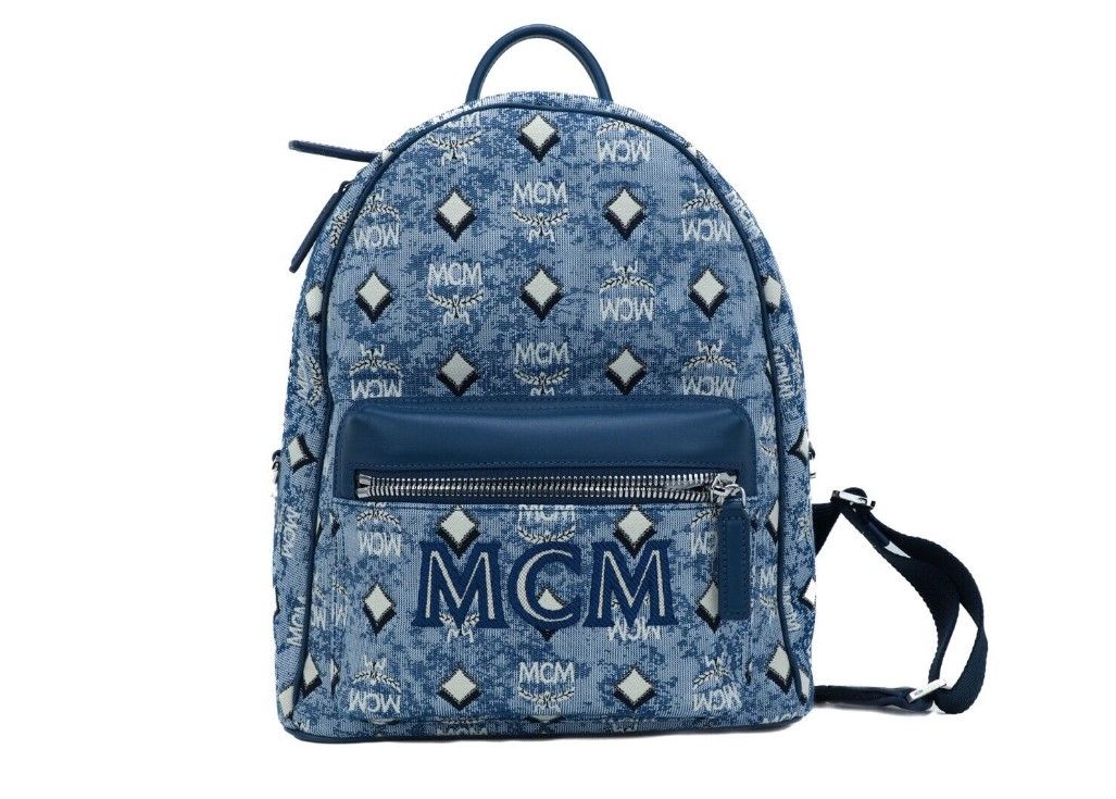 Stark Small Blue Vintage Jacquard Monogram Logo Fabric Backpack Bookbag-MCM-LabelTerrace.com